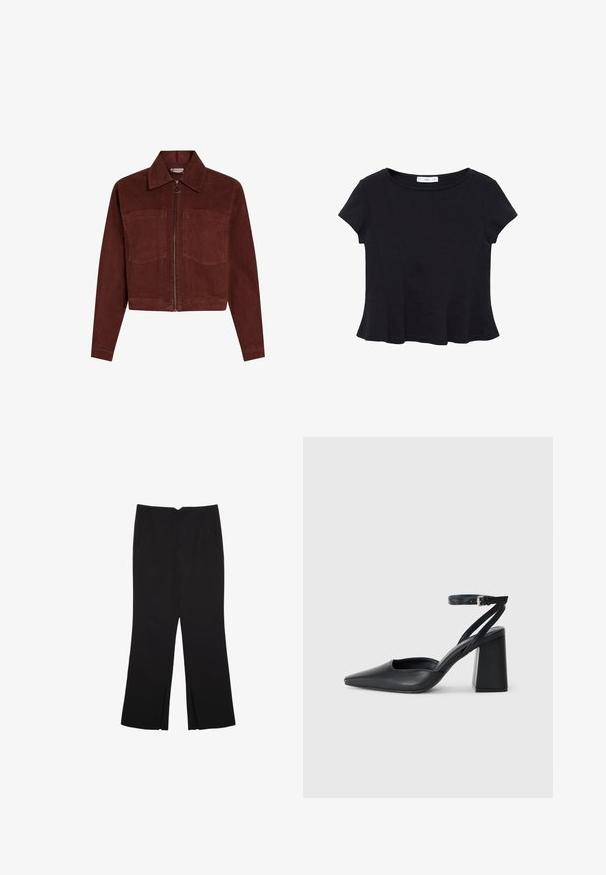 Giacca in corduroy di un rosso intenso, con maniche lunghe, colletto a punta, due tasche frontali e una zip centrale con tirante circolare.; Top nero a maniche corte realizzato in un tessuto morbido, con scollatura rotonda e orlo svasato con dettagli di cucitura discreti.; Pantaloni neri a gamba dritta, con tasche frontali e spacchi laterali all'orlo. Realizzati in tessuto morbido e liscio. Adatti a diverse occasioni.; Pump in pelle nera con punta affusolata, cinturino alla caviglia e tacco spesso. Texture piatta, design elegante ed estetica minimalista.