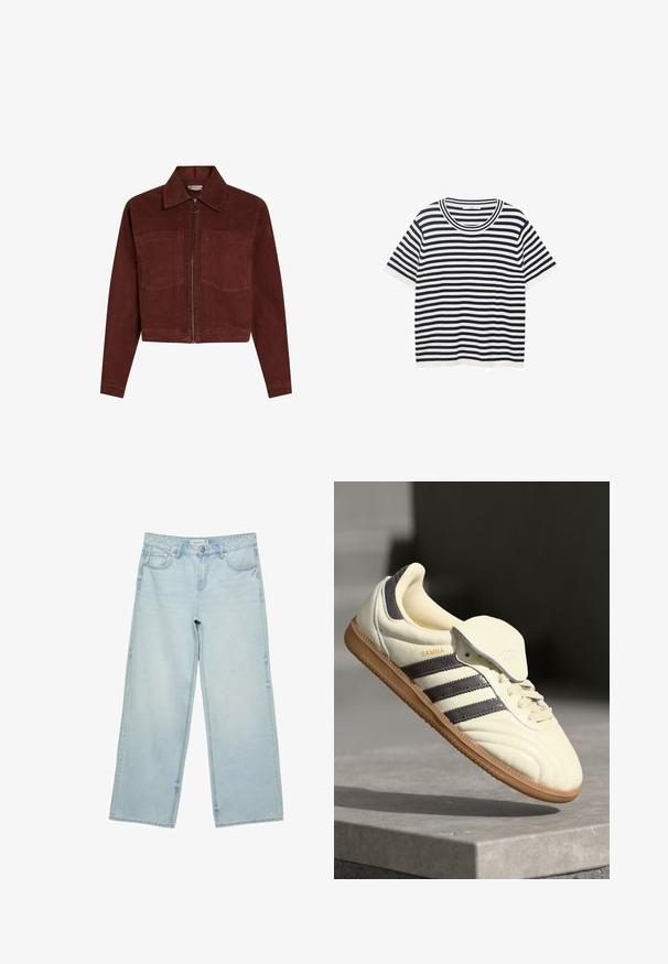 Žakett z jemným rebrovaním v hĺbkovej červenej farbe, s dlhými rukávmi, špicatým golierom, dvoma prednými vreckami a stredným zipsom s okrúhlym ťahákom.; Prúžkované tričko vyrobené z bavlny, s tmavomodrými a bielymi horizontálnymi pruhmi, má okrúhly výstrih a krátke rukávy. Hladká textúra.; Svetlomodré široké džínsy z denimu, s vysokým pásom, piatimi vreckami a jemným vyblednutím. Priamy strih s olemovanými okrajmi.; Krémové kožené tenisky s tromi tmavými pruhmi, hnedou gumenou podrážkou a zaoblenou špičkou. Obsahujú prehýbací jazyk s označením "SAMBA."
