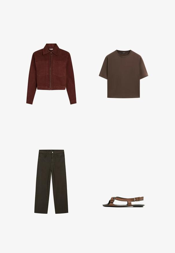 Samtjacke in tiefrot, mit langen Ärmeln, spitzem Kragen, zwei Vordertaschen und einem zentralen Reißverschluss mit einem runden Ziehgriff.; Braunes Baumwoll-T-Shirt, kurze Ärmel, runder Halsausschnitt, lockere Passform, glatte Textur, minimalistisches Design, keine sichtbaren Muster oder Akzente.; Dunkelgrüne Jeans im weit geschnittenen Style, hergestellt aus einem Baumwollgemisch. Sie verfügen über einen Frontknopfverschluss, fünf Taschen und klassische Denim-Nähte.; Braune Leder-Sandale mit offener Zehenpartie und seitlichen Ausschnitten. Sie verfügt über einen Knöchelriemen mit einer metallischen Schnalle und eine flache Sohle.