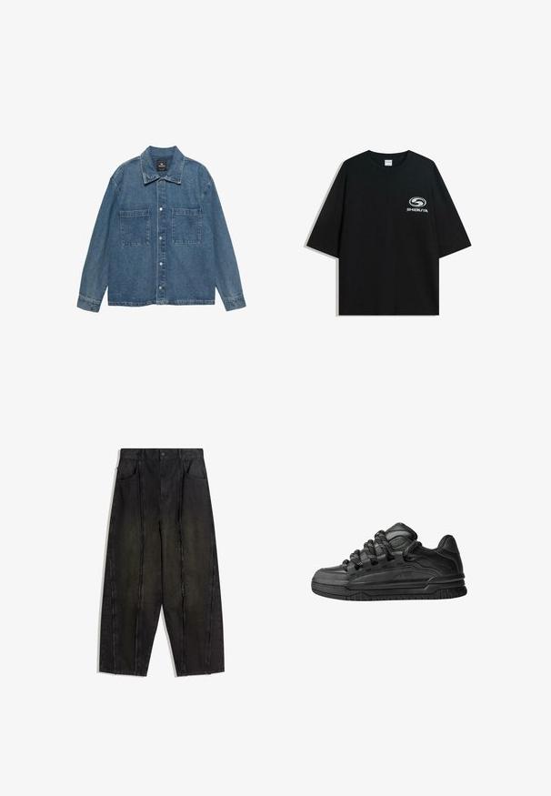 Denimjacke in Hellblau, mit durchgehender Knopfleiste, zwei Brusttaschen und klassischem Kragen. Weicher Griff mit leicht ausgewaschenem Finish.; Schwarzes oversized Baumwoll-T-Shirt mit Rundhalsausschnitt und kurzen Ärmeln, auf der Vorderseite mit einem weißen "Shibuya"-Logo bedruckt.; Schwarze weit geschnittene Jeanshose mit sichtbaren Nähten und fransigen Kanten, ausgestattet mit zwei vorderen Taschen und einem hoch geschnittenen Design.; Schwarze Sneakers mit einem glatten Leder-Obermaterial, strukturierten Akzenten und runden schwarz-weißen Schnürsenkeln. Dicke Gummisohle mit einem gemusterten Profil.