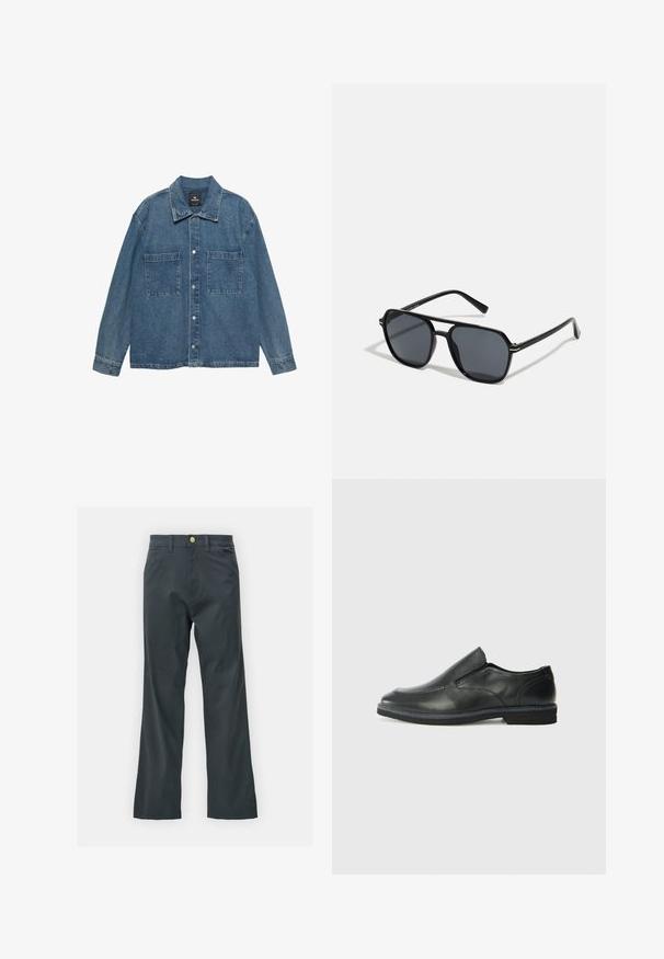 Jeans jakna u svijetloplavoj boji, sa prednjim dugmadi, dva džepa na prsima i klasičnom kragnom. Ugodna tekstura s blagim izblijedjelim završetkom.; Dva crna polo majice, kratki rukavi, pamučni materijal, sa klasičnom ovratnikom, čepom sa dva gumba i bijelim prugastim detaljima unutar ovratnika.; Crne hlače s ravnim krojem, napravljene od tkanine s pamukom. Imaju metalnu dugmad za zatvaranje i bočne džepove. Nema vidljivih uzoraka.; Crne kožne cipele na sklapanje s glatkom gornjom površinom, prošivenim detaljima, zaobljenim vrhom i niskim gumene potplate. Potplat ima minimalne uzorke.; Crne sunčane naočale s osmerokutnim okvirom, tamnim lećama, sjajnom završnom obradom, tankim plaštem i zlatnim detaljima na prednjem dijelu.