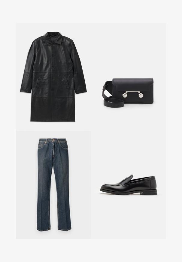 Zwarte leren lange jas met een puntige kraag, knoopsluiting aan de voorkant en twee schuine zijzakken, plat weergegeven op een witte achtergrond.; Crème-kleurige gebreide trui met een polo-kraag, geribde manchetten en zoom, voorzien van een voorste placket en een zachte textuur.; Navy blauwe T-shirt met korte mouwen met witte tekst "neanche per sogno" gecentreerd op de borst, ronde hals, maat medium.; Donkerblauwe rechte spijkerbroek met een knoopsluiting aan de voorkant, rits, dubbele voorzakken en zichtbare verticale plooien langs de benen.; Zwarte leren instappers met een gladde textuur, ronde neus en een decoratieve band over de wreef. Lage, gestapelde hak en minimalistisch ontwerp.; Zwarte leren schoudertas met een klep, zilverkleurige hardware en twee ronde accenten. Voorzien van een afneembare schouderriem. Soepele textuur.