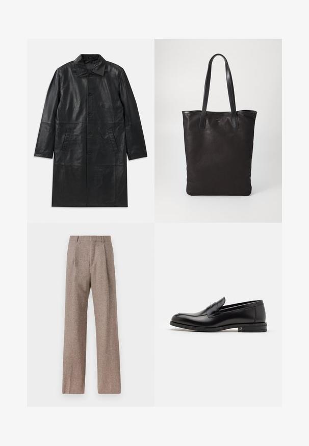 Must must särg, millel on terav krae, ees nupulukk ja kaks nurga all asuvat külgtaskut, väljatoodud horisontaalselt valgel taustal.; Heledsinine pikkade varrukatega särk, millel on terav krae, mustad nupud ja ainulaadne lõige ees eristuva disaini jaoks.; Prunnid, kõrge vöökohaga püksid, mis on valmistatud tekstureeritud kangast. Omavad laiu jalgu ja kahte eesmist voldikut struktuuri jaoks. Korralik viimistlus, ilma nähtava riistvarata.; Mustad mustad nahast loafers sileda tekstuuriga, ümarat ninaosa ja dekoratiivne riba vampi üle. Madal kihiline konts, minimalistlik disain.; Mustmust kott mustade nahkade käepidemetega. Lihtne disain, avar keha ja sile tekstuur. Pole nähtavaid logosid ega mustreid.