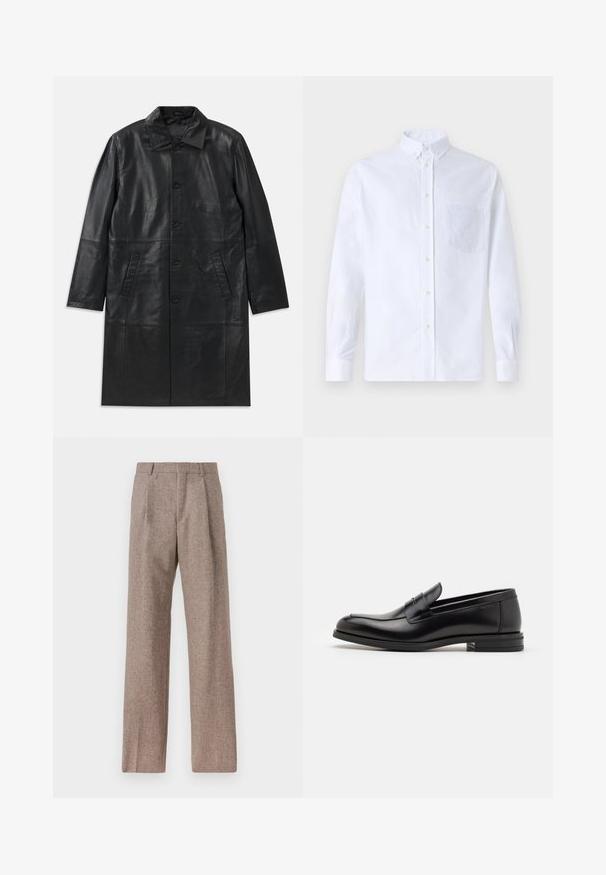 Črn usnjen dolg plašč s koničastim ovratnikom, sprednjim gumbom za zapiranje in dvema poševnima žepoma, prikazanim na ravni beli podlagi.; Bela dolgo rukava srajca s kragnico, izdelana iz bombaža, z žepom na prsih in toniranimi vezeninami ter gumbi na manšetah.; Rjave hlače z visokim pasom, izdelane iz teksturirane tkanine. Imajo široke noge in dve sprednji pregibi za strukturo. Urejen zaključek brez vidne strojne opreme.; Črne usnjene loafer čevlje z gladko teksturo, zaobljenim nosom in dekorativnim trakom čez zgornji del. Nizka zložena peta, minimalističen dizajn.