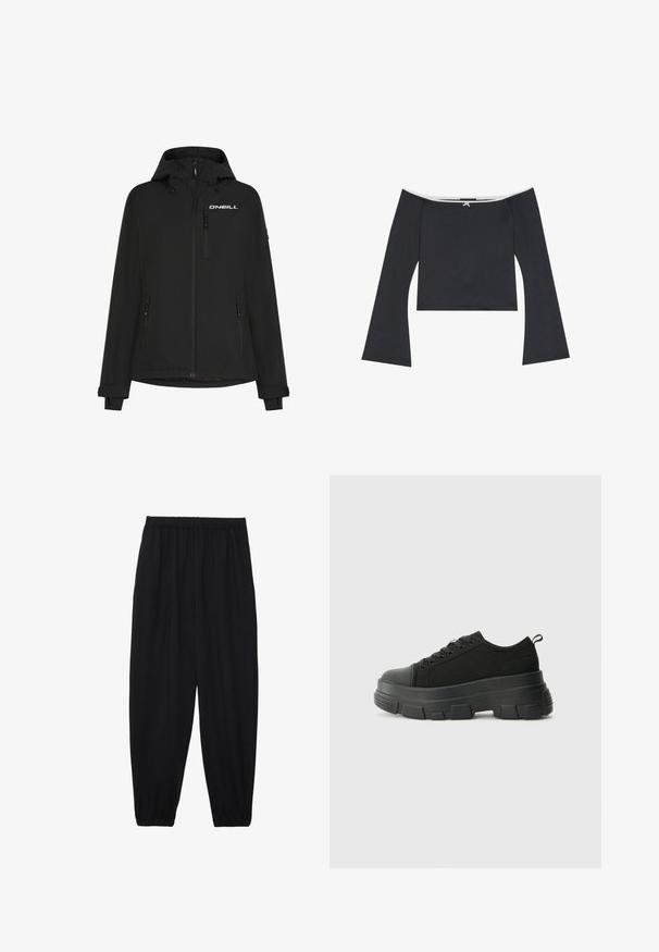 Melna ūdensizturīga jaka ar kapuci, priekšējo rāvējslēdzi, sānu kabatām un O'Neill logo uz krūtīm. Iekļauj regulējamas Velcro aproces uz rokām.; Melnā off-the-shoulder īsā topā ar gariem zvana piedurknēm, gludu tekstūru un baltu apdari ap kaklu. Aizmugurē ir dekoratīvs mezgla elements.; Melnas, vieglas bikses ar elastīgu jostu un savilktiem potītiem. Audums ir gluds un to raksturo brīva, sašaurināta forma.; Melnas kedas ar masīvu gumijas zoli, teksturētu auduma augšdaļu, apaļu purngalu un saistīšanas dizainu. Iekļautas pastiprinātas acs atveres un aizmugurējais cilpiņas siksniņa.