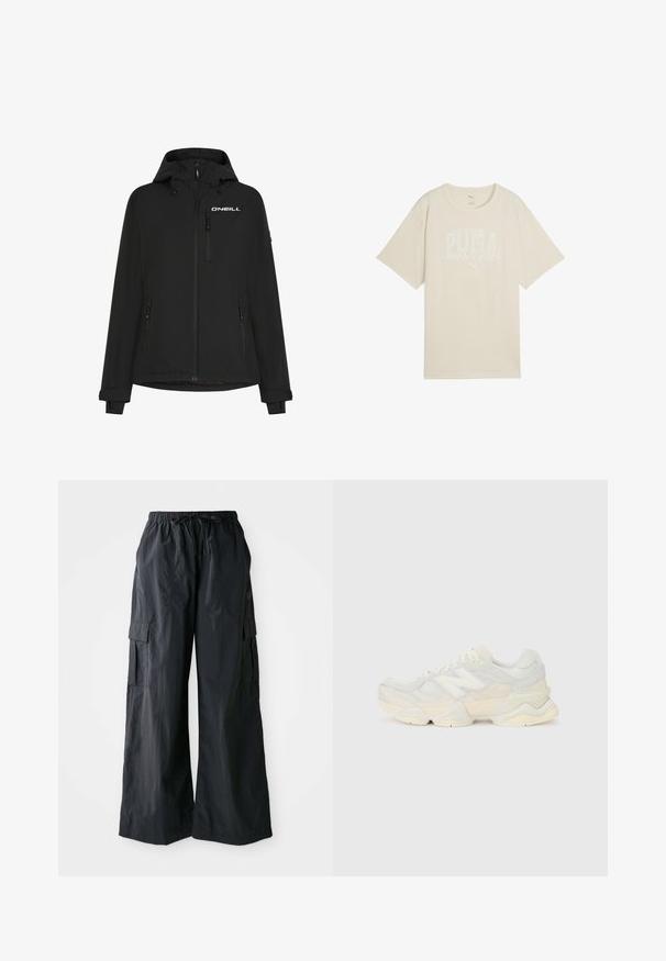 Chaqueta impermeable negra con capucha, cremallera frontal, bolsillos laterales y logo de O'Neill en el pecho. Cuenta con puños en las muñecas ajustables con velcro.; Camiseta de algodón beige con un corte relajado, que presenta un diseño gráfico blanco que dice "club deportivo PUMA" y un pequeño logo arriba.; Pantalones cargo negros hechos de una tela ligera, con un diseño de pierna ancha, cinturilla elástica y múltiples bolsillos laterales. Sencillos y funcionales.; Zapatilla ligera con parte superior de malla y ante en suaves tonos crema, con una suela gruesa y acentos tridimensionales.