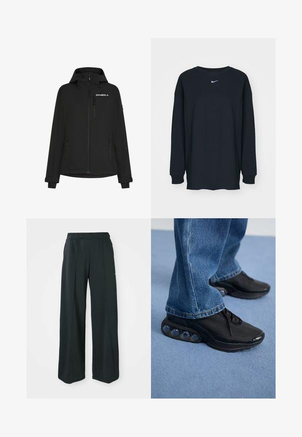 Veste imperméable noire avec capuche, fermeture éclair sur le devant, poches latérales et logo O'Neill sur la poitrine. Comprend des poignets avec Velcro ajustable.; T-shirt noir à manches longues en coton avec un col rond. Présente un logo Nike blanc sur la poitrine. Texture douce, design simple.; Pantalons de sport noirs à jambes larges avec une taille élastique. Fabriqués en tissu lisse et extensible, avec des coutures avant discrètes et sans poches.; Baskets de sport noires avec tige en mesh, accents texturés et poches de coussin d'air visibles dans la semelle. Portées avec un jean en denim bleu.