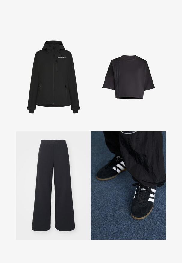 Schwarze wasserdichte Jacke mit Kapuze, Frontreißverschluss, Seitentaschen und O'Neill-Logo auf der Brust. Mit verstellbaren Klettverschluss-Handgelenkabschlüssen.; Schwarzes, cropped T-Shirt mit Rundhalsausschnitt und lockeren kurzen Ärmeln, das vertikale Satinstreifenakzente auf der linken Seite aufweist. Glatte Textur.; Schwarze weite Sweatpants aus weichem Material, mit einem elastischen Taillenbund und einem kleinen Logo auf der linken Seite.; Schwarze Wildleder-Sportschuhe mit drei weißen Streifen und schwarzen Schnürsenkeln. Eine strukturierte schwarze Hose ist teilweise neben den Schuhen sichtbar.