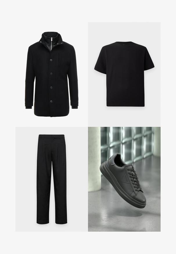 Casaco de lã preto com colarinho alto, fecho de zíper e botão, e bolsos laterais. Textura suave com um corte ajustado e acentos minimalistas.; T-shirt preta de mangas curtas feita de tecido texturizado, com decote redondo e um corte descontraído. Simples, sem padrões ou detalhes.; Calças pretas feitas de tecido suave, com um design de perna reta, dois pregas frontais e uma cintura padrão com passantes para cinto.; Sapatilhas de couro preto com um acabamento suave, apresentando uma biqueira arredondada, detalhes texturizados e um design com atacadores. Logo exibido na língua.