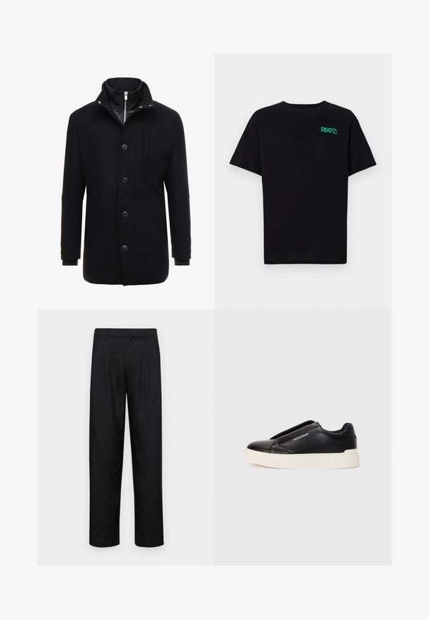 Svart ullkåpe med høyt krage, glidelås og knappelukking, samt sidelommer. Glatt tekstur med skreddersydd passform og minimale detaljer.; svart t-skjorte laget av bomull med korte ermer. Har et grønt "ROOTS"-logo på forsiden, rund halsutringning og standard passform.; Sorte bukser laget av glatt stoff, med rette ben, to frontfoldninger og standard liv med beltehemper.; Sorte slip-on joggesko med teksturert læroverdel, hvit gummisåle og ingen synlige snører. Har merkevarelogo på siden.