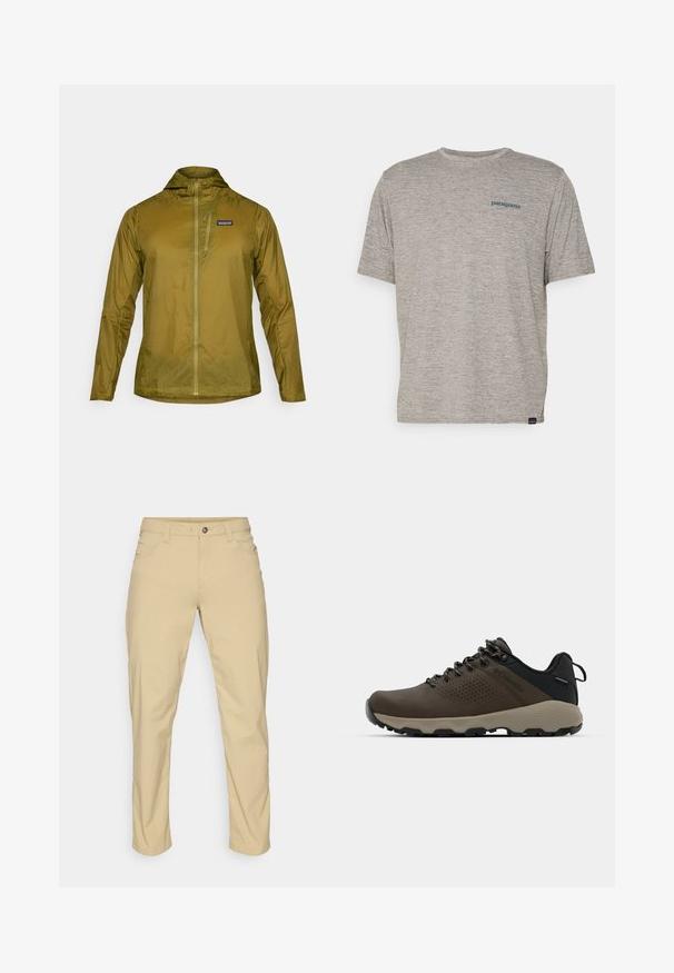 Olive green lightweight jacket with a hood, full front zipper, and a small zippered chest pocket. Textured fabric with a subtle sheen.; Gray short-sleeve t-shirt made of soft, textured fabric featuring a small blue Patagonia logo on the left chest. No additional patterns.; Patagonia QUANDARY PANTS - Outdoor trousers - classic tan; Brown waterproof sneakers with a textured upper, perforated accents, black heel support, and a grey rubber sole. Laces are styled with metallic ends.