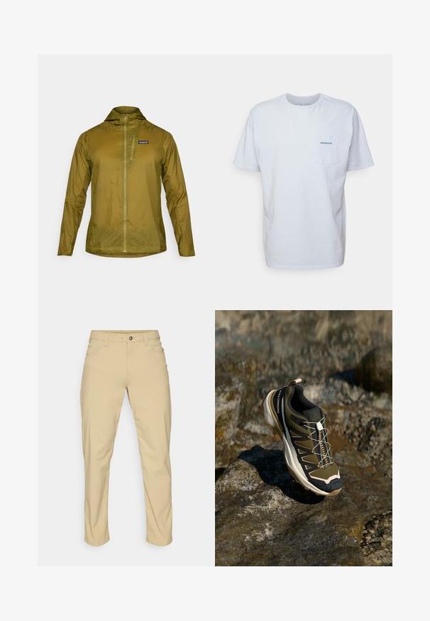 Oliivivihreä kevyt takki hupulla, täyden etuvetoketjun ja pienen vetoketjullisen rintataskun kanssa. Rakenteellinen kangas, jossa on hieno kiilto.; Valkoinen puuvillapaita lyhyillä hihoilla, pyöreällä kaula-aukolla ja vasemmalla rintataskulla, jossa on sininen "Patagonia" -logo. Klassinen istuvuus ja sileä tekstuuri.; Patagonia QUANDARY PANTS - Ulkohousut - classic tan; Vaelluskengät oliivinvihreänä ja mustana, pinkeillä yksityiskohdilla. Ominaisuuksiin kuuluu teksturoitu yläosa, joustava pohja, vahvistettu varvasosa ja värikäs nauhoitusjärjestelmä.