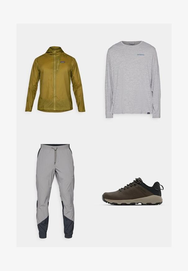 Oliven grøn letvægtsjakke med hætte, fuld frontlynlås og en lille lynlåslomme på brystet. Tekstureret stof med en subtil glans.; Lysegrå langærmet T-shirt lavet af blødt, struktureret stof. Har rund hals og et lille blåt Patagonia-logo på brystet.; Lettere, grå atletiske bukser med sorte detaljer. Elastisk talje, snøre lukning, tapered ben-design og sidelommer.; Brune vandtætte sneakers med en tekstureret overflade, perforerede akcenter, sort hælunderstøttelse og en grå gummisål. Snørebåndene er udsmykket med metalender.