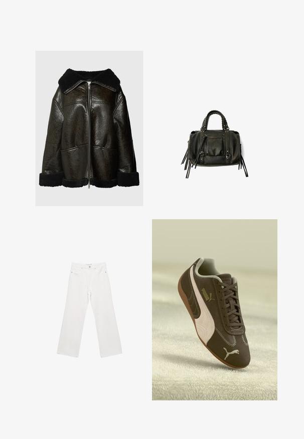 Smeđa kožna jakna s crnim ovčjim krznom oko ovratnika i rukava. Ima prednji patentni zatvarač i dva bočna džepa. Teksturalna završna obrada, oversized kroj.; Bijela pamučna majica s centralnim uzorkom zvijezde od cirkona, kratkim rukavima i okruglim izrezom. Mekana tekstura, ležeran kroj.; Bijele traperice širokih nogavica s klasičnim dizajnom s pet džepova, metalnim detaljima i kontrastnim šavovima. Glatka tekstura i opušteni kroj.; Smeđi Puma tenisice s bež prugom i logotipom, vezane, odložene na teksturiranoj bež površini.; Crna kožna torba s pletenim ručkama, džepom na zatvarač i visećim resicama. Teksturirana površina s metalnim zakovicama i hardverskim naglascima.; Zlatni narukvica s glatkom površinom i teksturiranom unutrašnjosti. Ima širok, zaobljen dizajn s otvorenim ispupčenjem s jedne strane.