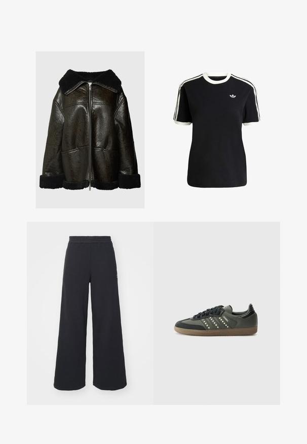 Giacca in pelle marrone con colletto e polsini in shearling nero. Dotata di cerniera frontale e due tasche laterali. Finitura testurizzata, fit oversize.; T-shirt nera in cotone con accenti bianchi sul collo e sulle maniche, caratterizzata da tre strisce bianche su ciascun spalla e un piccolo logo sul petto.; Pantaloni felpati neri a gamba larga realizzati in tessuto morbido, con un elastico in vita e un piccolo logo sul lato sinistro.; adidas Originals SAMBA OG - Sneakers basse - core black/legend earth/gum