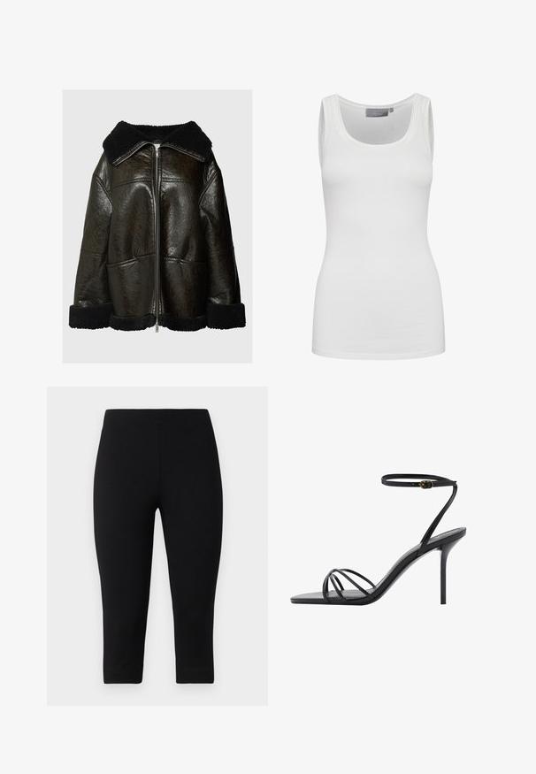 Brun læderjakke med krave og manchetter i sort pels. Har en frontlynlås og to sidelommer. Struktureret overflade, oversized pasform.; Hvid tanktop lavet af blødt, strækbart stof med rund halsudskæring og smalle stropper. Har en glat tekstur og tætsiddende design.; Sorte capri leggings lavet af strækbart materiale, med en tætsiddende pasform og glat tekstur, uden fremtrædende mønstre eller accenter.; Sorte høje sandaler med en tynd ankelrem, flere korslagte remme over foden og et elegant kvadratisk tådesign.