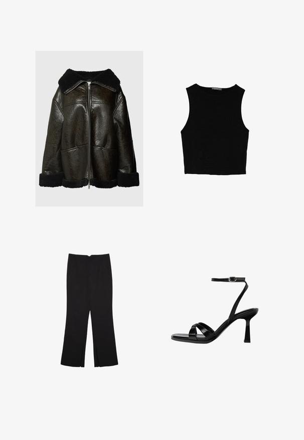 Veste en cuir marron avec un col et des poignets en shearling noir. Présente une fermeture éclair à l'avant et deux poches latérales. Fini texturé, coupe oversize.; Top court sans manches noir en tissu lisse, avec un col rond et un design épuré, simple, sans motifs ni accessoires.; Pantalon noir avec une coupe droite, doté de poches avant et d'éclairs sur l'ourlet. Fabriqué en tissu doux et lisse. Convient à diverses occasions.; Sandales à talons hauts noires à brides avec un bout carré, en matériau synthétique lisse, sangle de cheville avec une boucle en ton argent et un talon sculpté.