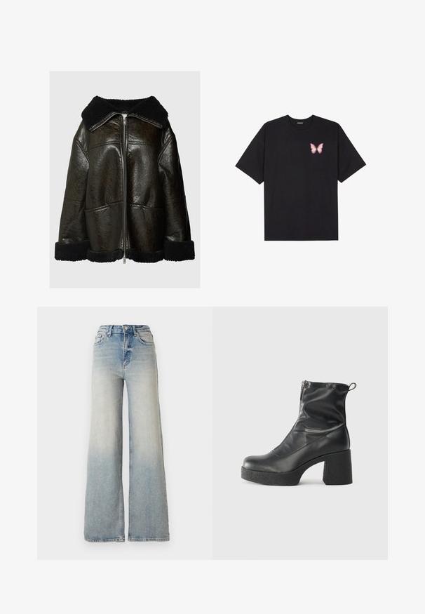 Pruun nahkjope musta karvakaelusega ja mansettidega. Omab ees lukku ja kahte küljetaskut. Tekstureeritud viimistlus, ülekaaluline sobivus.; Must muströöpidega must puuvillane T-särk, vasakul rinnal on väike roosa liblikas. Ümar kaelus ja vabalt istuv lõige.; Heledad sinine laia säärega teksapüksid, mis on valmistatud denimist, kõrge vöökoht, viis taskut ja nähtav õmblemine õmbluste ääres.; Mustad mustad ansapüksid, mis on valmistatud siledast nahast, külje zipperiga, paksu tekstuuriga kontsaga ja ümmarguse nina disainiga.