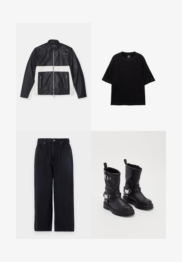 J.LINDEBERG TATUM BIKER JACKET - Læderjakker - black; Sort kortærmet T-shirt lavet af bomuld med rund hals og afslappet pasform. Glat tekstur med minimale syningsdetaljer.; Sorte denimbukser med lige ben, der har fem lommer, knaplukning og en ren finish. Holdbart stof med en mat tekstur.; Sorte læder ankelstøvler med en robust sål, der har en sidebåndsrem og dekorativ hardware. Glat overflade med et trækstrop.