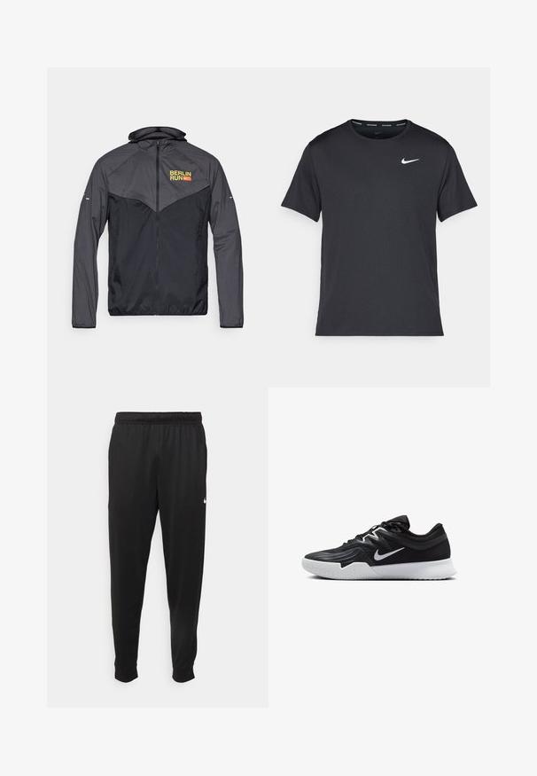 Herre løbejakke i mørkegrå med en kontrasterende lysegrå panel. Har en hætte, frontlynlås og "BERLIN RUN" logo i gul.; Sort Nike løbe T-shirt lavet af let, åndbart materiale, med korte ærmer og et lille hvidt logo på brystet.; Sorte atletiske bukser lavet af glat stof, med elastisk talje, smalnende ben og et lille hvidt logo på venstre side.; Sort atletiksko med en tekstureret overdel, hvid Nike swoosh og en hvid gummisål. Har en snørret design og dynamisk form.