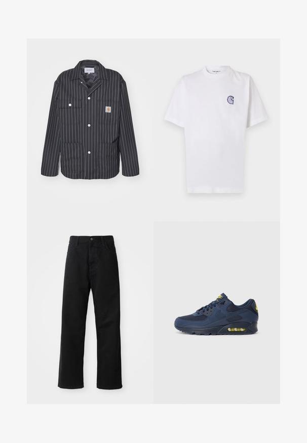 Czarno-biała kurtka w paski z kołnierzykiem, wyposażona w dwie kieszenie na piersi, zatrzaski oraz naszywkę z logo na lewej kieszeni.; Biała bawełniana koszulka z krótkimi rękawami, okrągłym dekoltem i małym, niebieskim haftowanym logo "C" na lewej stronie klatki piersiowej.; Czarne dżinsy o prostym kroju, z przednimi kieszeniami, zamkiem błyskawicznym i pojedynczym guzikem z przodu. Teksturowana tkanina o matowym wykończeniu.; Granatowe sneakersy Nike Air Max z cholewką z zamszu i siateczki, z żółtymi akcentami, sznurowanym przodem oraz widoczną poduszką powietrzną w podeszwie.
