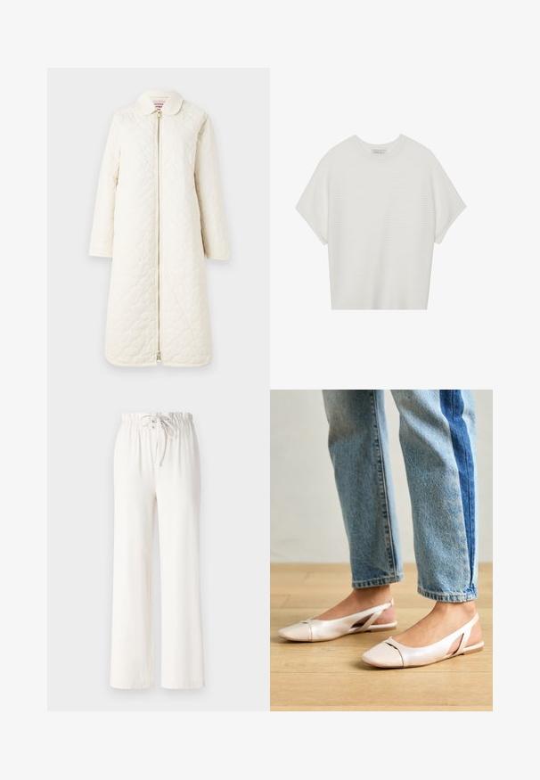 Töltött, térd hosszúságú kabát tört fehér színben. Színén gallér és elülső cipzáras záródás található. Simább textúrával és finom mintázattal rendelkezik.; Fehér, rövid ujjú póló széles kerek nyakkivágással és textúrázott, bordás mintával, puha anyagból készült, laza fazonú és letisztult dizájnú.; Fehér, bőszárú nadrág, puha anyagból készült, húzózsinóros derékkal és sima felülettel. Nincsenek rajta minták vagy díszítések.; Világos rózsaszín slingback laposlábú cipők, hegyes orral, sima bőrhatású anyagból készült. Oldalt kivágott részletek találhatók rajta, valamint lapos sarkú.