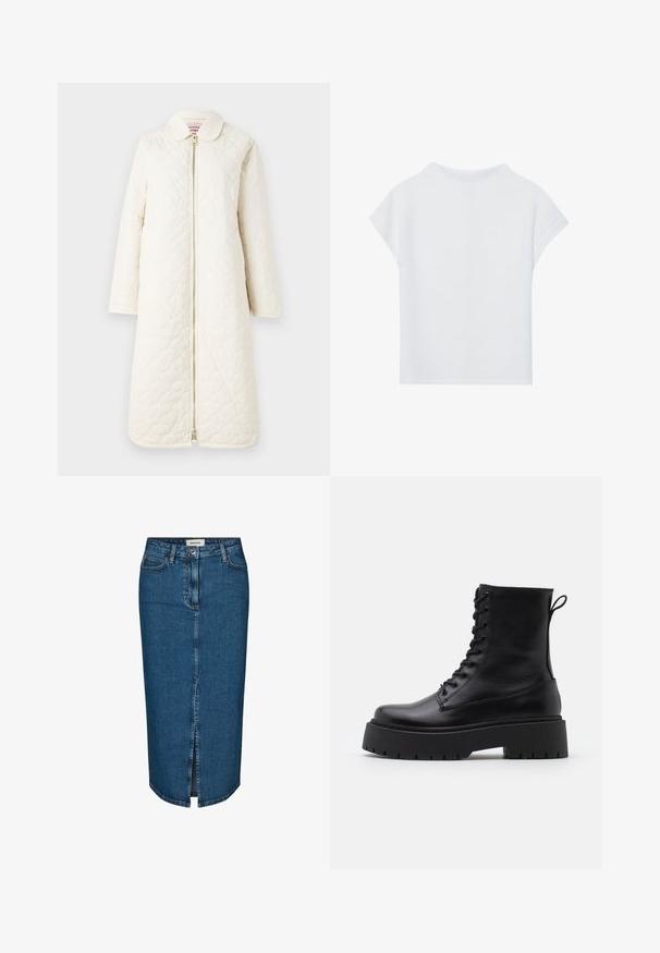 Iškepintas, iki kelių siekiantis paltas šviesiai baltos spalvos. Su apykakle ir priekyje esančiu užtrauktuku. Lygi tekstūra su subtiliu raštu.; Balti trumpomis rankovėmis viršus, pasižymintis laisvu siluetu, lengvu audiniu ir apvalia iškirpte. Galinėje apžvalgoje matomas sklandus, paprastas dizainas.; Tamsiai mėlyna džinsinė pieštuko sijonas, turintis priekį įpjovą, penkis kišenes ir kontrastingą siuvimą. Vidutinio aukščio liemuo su klasikiniu dizainu.; Juodos odinės aulinukės su apvalia nosimi, raišteliais priekyje ir storesniu guminio pado apačioje su tekstūruotu raštu. Priekyje yra kilputė.