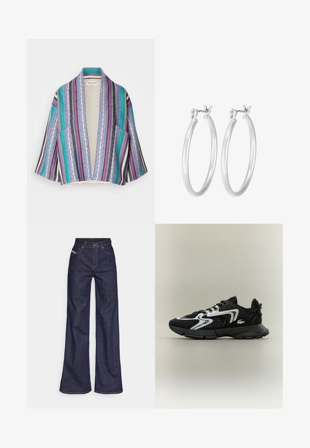 Cardigan de estilo kimono colorido que presenta una mezcla de rayas en teal, navy, rosa y blanco con patrones geométricos. Con abertura frontal y mangas cortas.; Top de manga larga blanco con cuello redondo. Fabricado en una tela elástica que se ajusta al cuerpo. Presenta sutiles líneas horizontales.; Vaqueros de pierna ancha de color azul oscuro, fabricados en denim, con cintura alta, costuras naranjas, diseño de cinco bolsillos y cierre de botón.; Zapatillas deportivas negras con paneles de malla, acentos plateados y superposiciones texturizadas en negro. Presentan cordones y una suela curvada y robusta.; Pendientes de aro de plata con un acabado liso y pulido. Forma redonda y cierre de click seguro. Diseño ligero adecuado para el uso diario.
