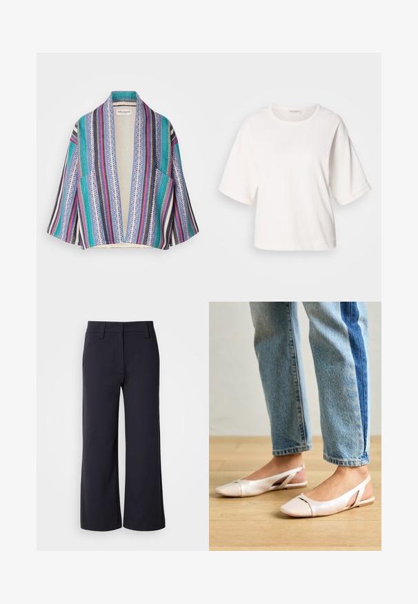 Cardigan stil kimono colorat, cu un amestec de dungi în nuanțe de teal, navy, roz și alb, împreună cu modele geometrice. Deschis în față, cu mâneci scurte.; Tricou alb din bumbac, cu o croială relaxată, mâneci scurte și răsucite, guler rotund și o textură netedă. Design simplu, minimalist.; Pantaloni lejeri din material de culoare bleu închis. Au un front plan, bucle pentru centură și buzunare laterale. Materialul este neted și are o ușoară elasticitate.; Sandalete plate de un roz pal cu vârf ascuțit, realizate dintr-un material asemănător pielii, neted. Prezintă detalii decupate pe laterale și un toc plat.