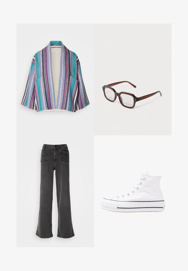 Barevný kardigan ve stylu kimona s kombinací pruhů v tónech teal, námořnické modři, růžové a bílé s geometrickými vzory. Otevřený přední díl, krátké rukávy.; Černá bezrukávová roláková halenka vyrobená z hladkého materiálu. Střih na tělo s vysokým límcem a rovnými lemy, minimalistický a jednobarevný.; Černé džíny s vysokým pasem a širokými nohavicemi vyrobené z denimové tkaniny, vybavené zapínáním na knoflíky, poutky na opasek a dvěma zadními kapsami se šitými akcenty.; Bílé vysoké plátěné tenisky s černou gumovou podrážkou, přední gumovou špičkou a šesti očky na tkaničky, se čistým, minimalistickým designem.; Hnědé průhledné obdélníkové brýle s čirými skly, mírným fialovým odrazem a malými zlatými dekorativními tečkami na předních rozích.