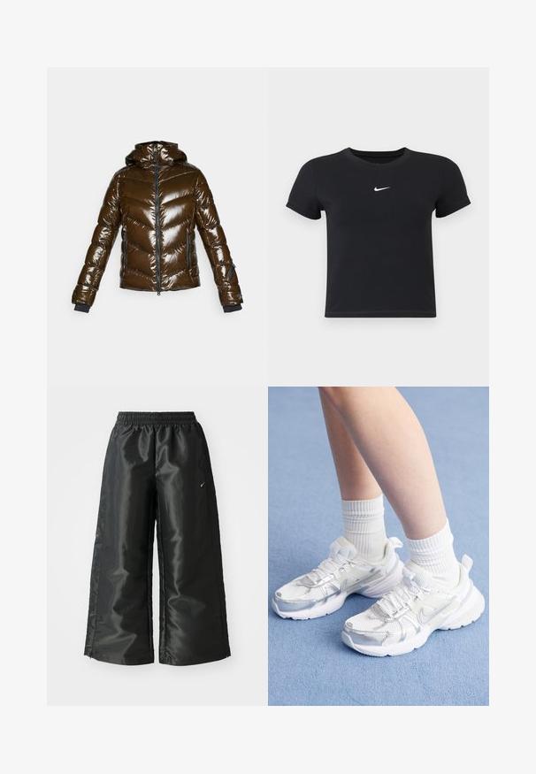 Braune Pufferjacke mit glänzender Oberfläche, Zickzackmuster, Reißverschluss vorne und Kapuze. Mit schwarzen Akzenten und zwei seitlichen Taschen.; Schwarzes T-Shirt mit kurzen Ärmeln aus Baumwolle und rundem Ausschnitt. Es hat ein weißes Nike-Logo auf der Brust, ein minimalistisches Design und eine taillierte Form.; Schwarze Sporthose aus glänzendem, glattem Stoff, mit einem elastischen Bund, weitem Bein und einem kleinen Logo auf der linken Seite.; Weiße Sportschuhe aus Mesh und synthetischen Überzügen mit einem silbernen Nike-Swoosh, kombiniert mit gerippten weißen Socken auf einer blauen Fläche.