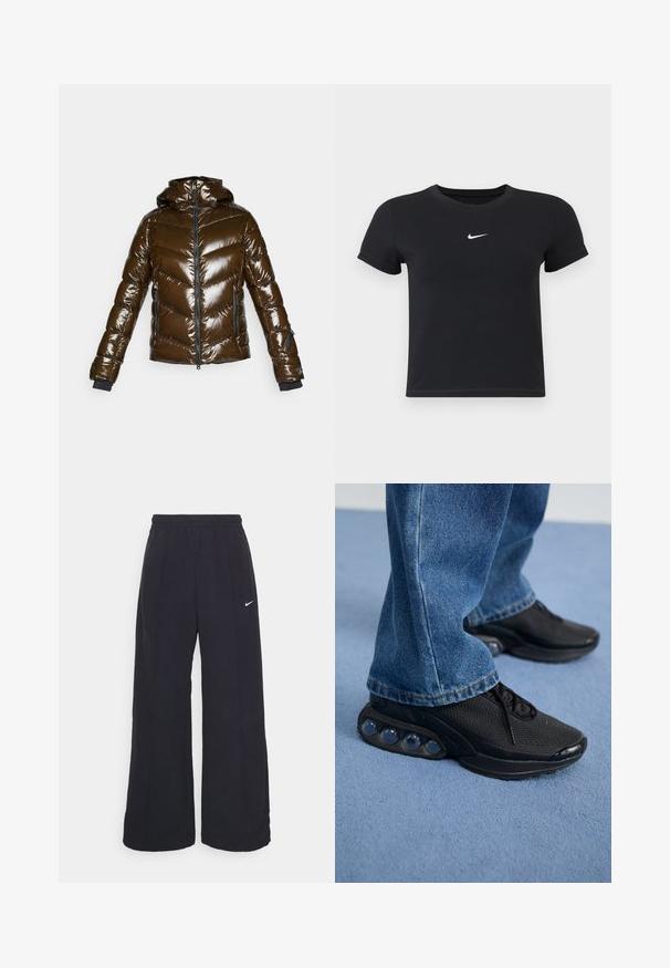 Hnedá puffa bunda so lesklým povrchom, šikmým vzorom, zipsom na prednej strane a kapucňou. Obsahuje čierne akcenty a dve bočné vrecká.; Čierne tričko s krátkym rukávom vyrobené z bavlny s okrúhlym výstrihom. Obsahuje biele logo Nike na hrudi, minimalistický dizajn a priliehavý strih.; Čierne široké nohavice s elastickým pásom a malým bielym logom Nike. Tkanina má hladkú textúru, navrhnutá pre pohodlie a neformálne nosenie.; Čierne atletické tenisky s vrchným materiálom z elastického sieťového textilu, s textúrovanými akcentmi a viditeľnými vzduchovými podložkami v podrážke. Nosené s modrými džínsami.
