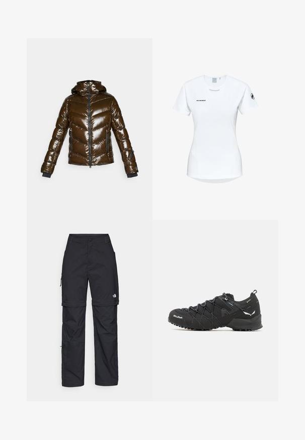 Brun pufferjakke med en skinnende finish, chevron-mønster, lynlås foran og hætte. Har sorte accenter og to sidelommer.; Kortærmet hvid sportsshirt med rund hals, prydet med et logo på brystet og en glat, let stofstruktur.; Sorte nylon cargo bukser med lynlås, justerbare manchetter, flere lommer og et logo på højre ben. Glat, let tekstur.; Sorte vandresko med en tekstureret stofoverdel, snøresystem og robust gummisål. Accenteret med reflekterende detaljer og logoer.