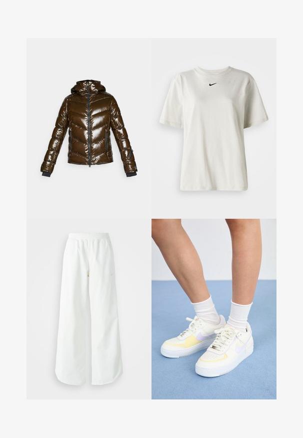 Barna puffdzseki fényes felülettel, hegyes mintázattal, cipzáras elülső résszel és kapucnival. Fekete részletekkel és két oldalzsebbel rendelkezik.; Fehér pamut póló kerek nyakkal és rövid ujjal. A mellkason egy kis fekete Nike logó található. Egyszerű és díszítetlen dizájn.; Fehér, bő szárú sportnadrág ribbelt derékpánttal és diszkrét logórésszel. Simá szövet, laza szabással és taperált szárral.; Fehér bőr sneakers sárga és levendula színű kiegészítőkkel, kerek orral, lapos fűzökkel és texturált gumitalppal. Fehér zoknival viselve.