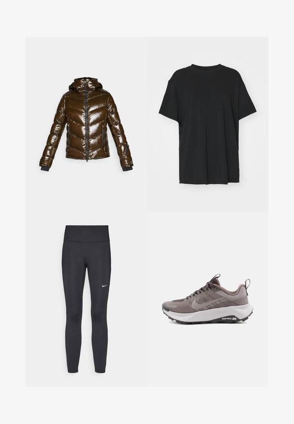 Brown puffer jacket with a shiny finish, chevron pattern, zippered front, and hood. Features black accents and two side pockets.; Black short-sleeve t-shirt made of smooth fabric, with a crew neck and loose fit. Features side slits for added comfort and breathability.; Black leggings made of stretchy fabric, featuring a high waistband and a white Nike logo on the left thigh. Smooth texture, form-fitting design.; Gray Nike trail running shoes with a textured upper, reinforced toe, cushioned midsole, and black rubber outsole. Laces and pull tab included.