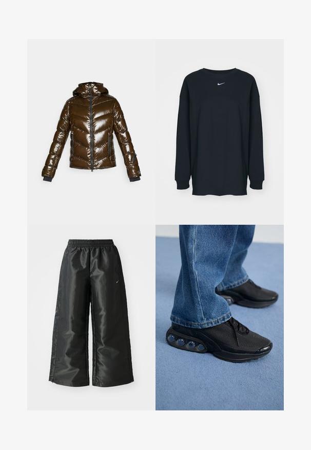 Brūns pūkains jaka ar spīdīgu apdari, ševrona rakstu, ar rāvējslēdzēju priekšā un kapuci. Iespējami melni akcenti un divas sānu kabatas.; Melnas garajām piedurknēm T-krekls no kokvilnas ar apaļu kakla izgriezumu. Uz krūtīm ir balts Nike logo. Mīksta tekstūra, vienkāršs dizains.; Melnas sporta bikses ar spīdīgu, gludu audumu, aprīkotas ar elastīgu jostu, platām kājām un mazu logotipu kreisajā pusē.; Melnas sporta kedas ar sietu augšdaļu, teksturētām akcentiem un redzamajām gaisa amortizācijas podiem zolei. Valkātas ar zilu džinsu biksēm.