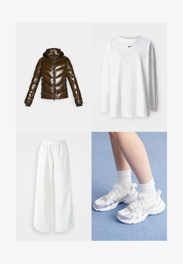 Jachetă pufosă maro cu un finisaj lucios, model în V, fermoar frontal și glugă. Are accente negre și două buzunare laterale.; Tricou alb cu mâneci lungi, fabricat din bumbac, având un guler rotund și un mic logo Nike negru pe piept. Design simplu, croi lejer.; Pantaloni atletici largi, alba, cu un talie elastica texturata si detalii subtile cu logo. Material neted, cu o croiala lejera si tiv conformat.; Pantofi sport albi cu plasă și suprapuneri sintetice, având un swoosh Nike argintiu și însoțiți de șosete albe cu nervuri, pe o suprafață albastră.