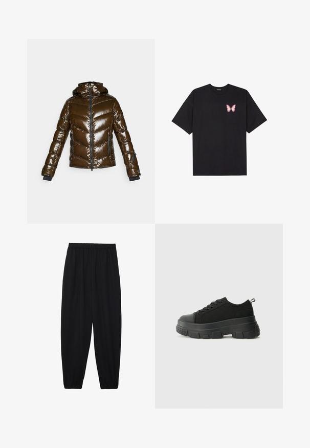 Rjava puhasta jakna z sijočim zaključkom, chevron vzorcem, zadrgo spredaj in kapuco. Ima črne detajle in dve stranski žep.; Črna bombažna majica s kratkimi rokavi, ki ima majhen roza metuljček na levi strani prsnega dela. Majica s krožnim ovratnikom in sproščenim krojem.; Črne, lahke hlače z elastičnim pasom in nabranimi gležnji. Tkanina je gladka in ima sproščen, taperiran dizajn.; Črne teniske z debelim gumijastim podplatom, zgornji del iz teksturirane tkanine, okrogla punta in zavezovanje z vrvicami. Vključujejo ojačane luknje za vrvice in zanko na hrbtu.