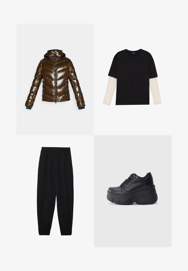 Giacca a vento marrone con finitura lucida, motivo a zigzag, chiusura con zip sul davanti e cappuccio. Presenta dettagli neri e due tasche laterali.; T-shirt nera in cotone con maniche corte sopra un sotto manica lunga bianca, caratterizzata da una sottile texture. Design con scollo rotondo.; Pantaloni neri leggeri con vita elastica e caviglie arricciate. Il tessuto è liscio e presenta un design rilassato e affusolato.; Sneaker nere con lacci e suola spessa, caratterizzate da una tomaia in pelle liscia, punta arrotondata e un distintivo design a piattaforma stratificata.