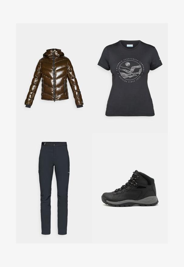 Kookas vaaleanruskea takki, jossa on kiiltävä pinta, haarukkapainatus, vetoketjulla suljettava etuosa ja huppu. Siinä on mustat yksityiskohdat ja kaksi sivutaskua.; Musta Columbia T-paita, jossa on valkoinen ympyrämuotoinen vuori- ja joki-viivataide sekä teksti "Columbia Sportswear Company Ulkona vuodesta 1938."; Miestne vonkajšie nohavice, tmavo šedé, vyrobené z flexibilného materiálu, s opaskom, zipsovými vreckami a zosilneným šitím.; Musta vaelluskenkä, jossa on puolivartinen muotoilu, jolle on ominaista teksturoitu päällinen, harmaat yksityiskohdat ja kestävä kumipohja, jossa on pitoita lisääviä lukuja.