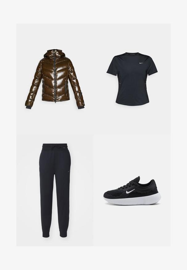 Brown puffer jacket with a shiny finish, chevron pattern, zippered front, and hood. Features black accents and two side pockets.; Black short-sleeve athletic shirt made of lightweight, moisture-wicking fabric. Features a crew neck and small white Nike logo on the chest.; Black jogger pants made of soft fabric, featuring an elastic waistband with drawstring, side pockets, and a subtle logo on the left thigh.; Black athletic shoe with a mesh upper, textured design, round toe, white rubber sole, and a Nike logo on the side.