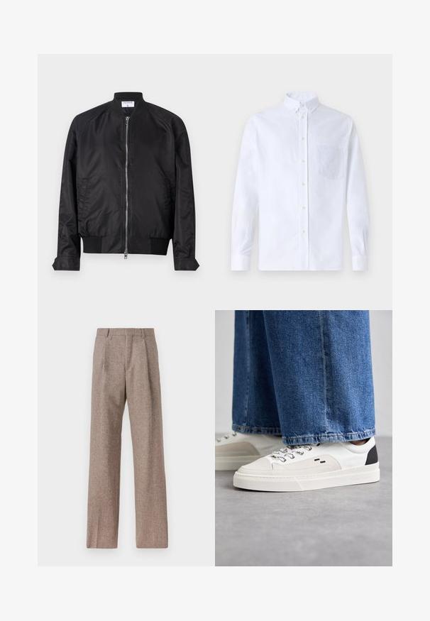 Černá bomber bunda s saténovým povrchem, s předním zipem, žebrovanými manžetami a spodním lemem a kulatým límcem. Hladká textura bez vzorů.; Bílá dlouhá košile s knoflíky vyrobená z bavlny, která má náprsní kapsu s tónovanou výšivkou, límec a knoflíkové manžety.; Hnědé kalhoty s vysokým pasem vyrobené z texturované látky. Mají široké nohavice a dva přední sklady pro strukturu. Úhledné provedení bez viditelné kovových částí.; Bílé a černé tenisky s hladkým koženým svrškem, texturovanými akcenty a robustní bílou podešví. Mají klasický design se šněrováním.