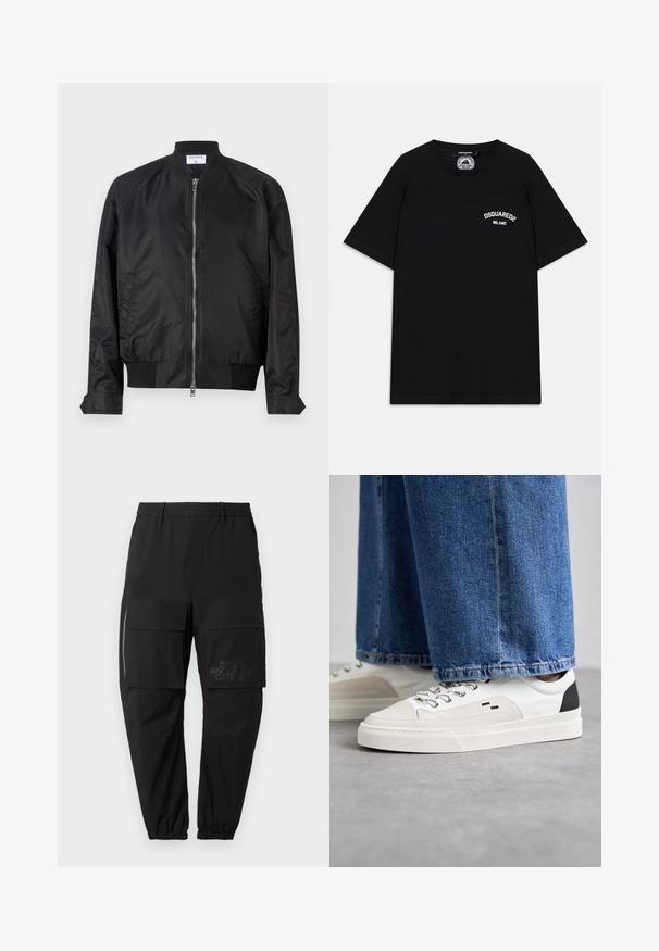Černá bomber bunda s saténovým povrchem, s předním zipem, žebrovanými manžetami a spodním lemem a kulatým límcem. Hladká textura bez vzorů.; Černé bavlněné tričko s krátkými rukávy, se svým bílým logem "DSQUARED2 MILANO" na hrudi. Design s kulatým výstřihem, hladká textura.; Černé cargo kalhoty s elastickým pasem, které mají několik bočních kapes, detail se zipem a nenápadné vytištěné logo na stehně.; Bílé a černé tenisky s hladkým koženým svrškem, texturovanými akcenty a robustní bílou podešví. Mají klasický design se šněrováním.