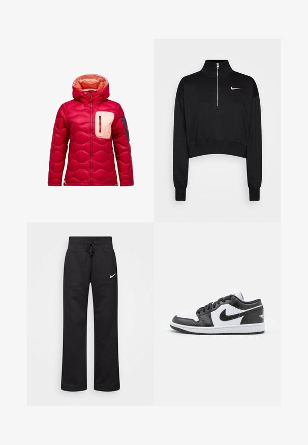 Rode gewatteerde jas met capuchon, met een gequilte structuur, een crèmekleurige borstzak en een marineblauw accent op de linkermouw.; Zwarte cropped sweatshirt met een hoge kraag, halve rits, geribde manchetten en een klein wit Nike-logo op de linkerkant van de borst. Zachte stoffen textuur.; Zwarte sweatpants van een katoenmix, voorzien van een tailleband met koord, rechte pijpen, en een wit Nike-logo aan de linkerzijde.; Zwart-witte Nike lage sneakers hebben een glad leren bovenwerk, een ronde neus, vetersluiting en een gestippelde rubberen zool.