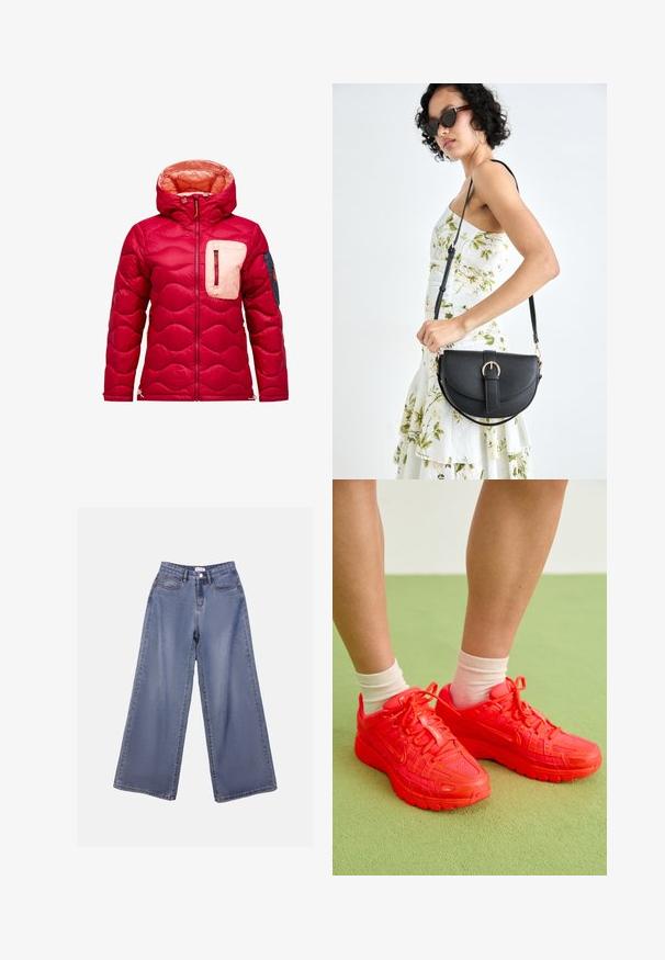 Doudoune rouge avec capuche, présentant une texture matelassée, une poche poitrine de couleur crème et un accent bleu marine sur la manche gauche.; T-shirt en coton noir à manches courtes, avec un graphique "Nike Tennis Club" en vert et blanc, illustrant une balle de tennis et une raquette.; Jean en denim à jambes larges, de couleur bleu clair, avec une taille haute, des poches avant et une fermeture à boutons avec passants de ceinture.; Baskets Nike rouge vif avec des détails en mesh et en caoutchouc, dotées d'œillets renforcés et de semelles épaisses. Portées avec des chaussettes couleur crème.; Sac à main en cuir noir avec une forme courbée, bandoulière amovible et des accessoires en or. Le sac est doté d'un rabat avec un détail de boucle.