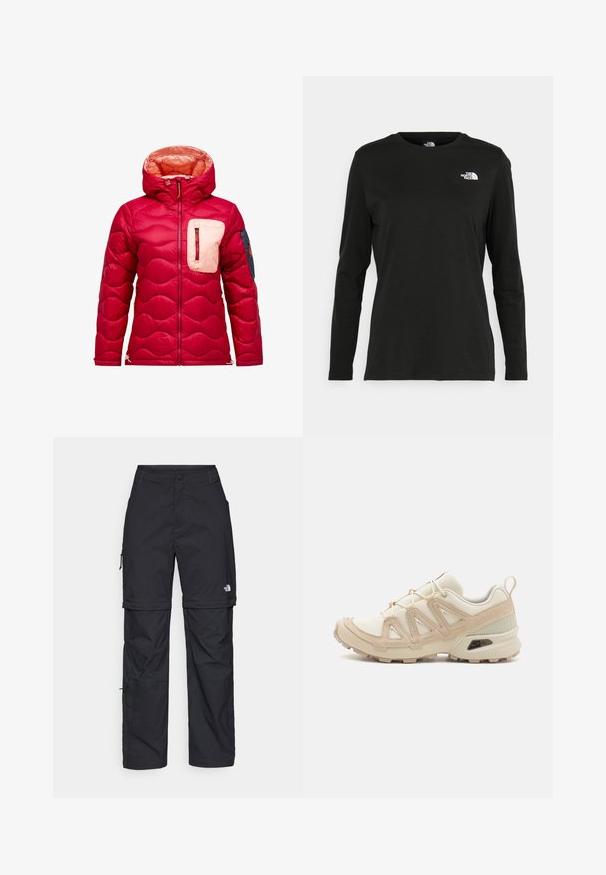 Röd puffjacka med huva, med quiltad textur, en krämfärgad bröstficka och en marinblå accent på vänster ärm.; Svart långärmad t-shirt i bomull med rund hals. Har en liten vit logotyp på vänster bröstområde. Enkelt design och passform.; Svarta nylonbyxor med avtagbara ben, justerbara muddar, flera fickor och en logotyp på högra benet. Slät, lätt textur.; Beige och krämfärgad atletisk sko med texturerad meshovandel, stöttande överdrag och gummisulor med ett mönster för grepp.
