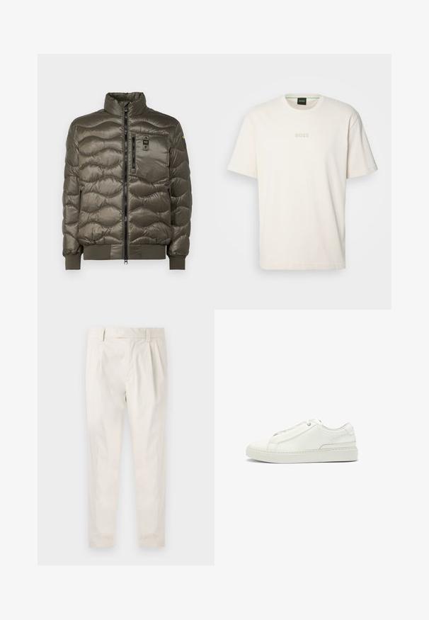 Blauer DANIEL - Piumino - olive; BOSS TEE - T-shirt basic - open white; Pantaloni bianchi plissettati con taglio su misura, caratterizzati da una texture liscia, passanti per la cintura e gambe affusolate. Nessuna tasca o motivo visibile.; Sneaker bianca in pelle con tomaia testurizzata, punta tonda, design minimalista e suola in gomma con dettagli cuciti.
