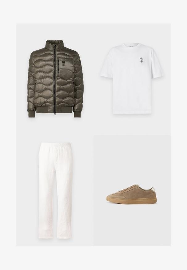 Blauer DANIEL - Pūkinė striukė - olive; Balta medvilninė marškinė su laisvu siluetu, su mažą juodą grafiką logotipą kairėje krūtinės pusėje. Trumpomis rankovėmis, apvaliu kaklu.; Baltos lininės kelnių su elastine juosta, tiesaus kirpimo dizainas ir šiek tiek tekstūruota medžiaga. Be raštų ar papildomų detalių.; Šviesiai rudos su mikrošuolių sportinės bateliai su guma padusi. Yra su raištelių uždarymu ir minimalistiniu stiliumi, akcentuotu baltu kulno lipduku.