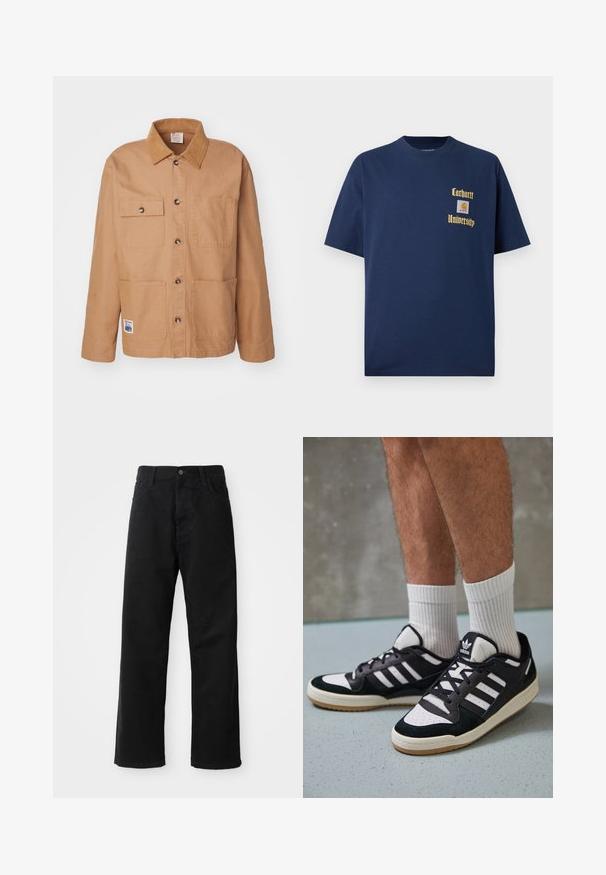 Beige bomulljakke med kragehals, frontknapplukking, to brystlommer og et påsydd logo nederst til venstre.; Mørk blå bomull t-skjorte med korte ermer, med gulltekst "Carhartt University" og et logo-patch på venstre bryst.; Svart denimbukser med rett snitt, med frontlommer, glidelåsgylf og en enkelt knapp i toppen. Teksturert stoff med matt overflate.; Sorte og hvite sneakers med overdel i semsket skinn og lær, med tre hvite striper, perforert tå og en såle av gummi.