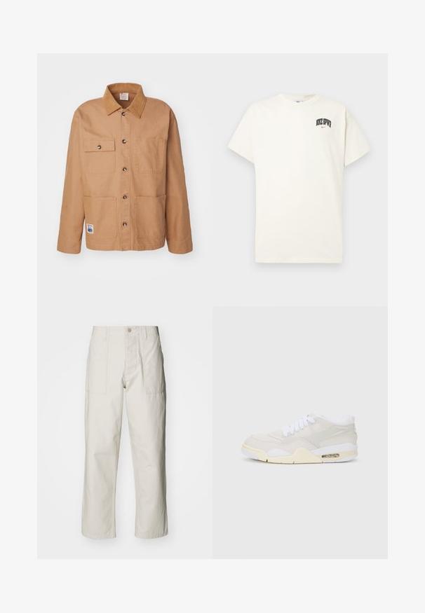 Tan cotton jacket featuring a collared neckline, front button closure, two chest pockets, and a patch logo on the lower left side.; Cream-colored cotton t-shirt with short sleeves, featuring "NIKE SB" in black and red text on the chest. Standard round neckline.; Light beige wide-leg pants made of cotton. Features front pockets and a button closure. Smooth texture with subtle vertical lines.; Sneakers with a light beige synthetic upper, white laces, and visible cushioning. Features a smooth sole and subtle side accents.